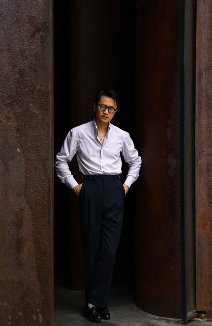 High-Waisted Suit Trousers with Parisian Side Adjusters — Opera Navy Stripe
