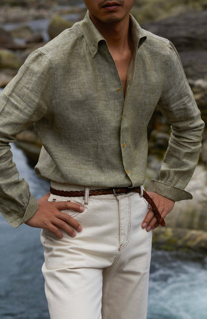 Linen One-Piece Collar Shirt — Moss Green