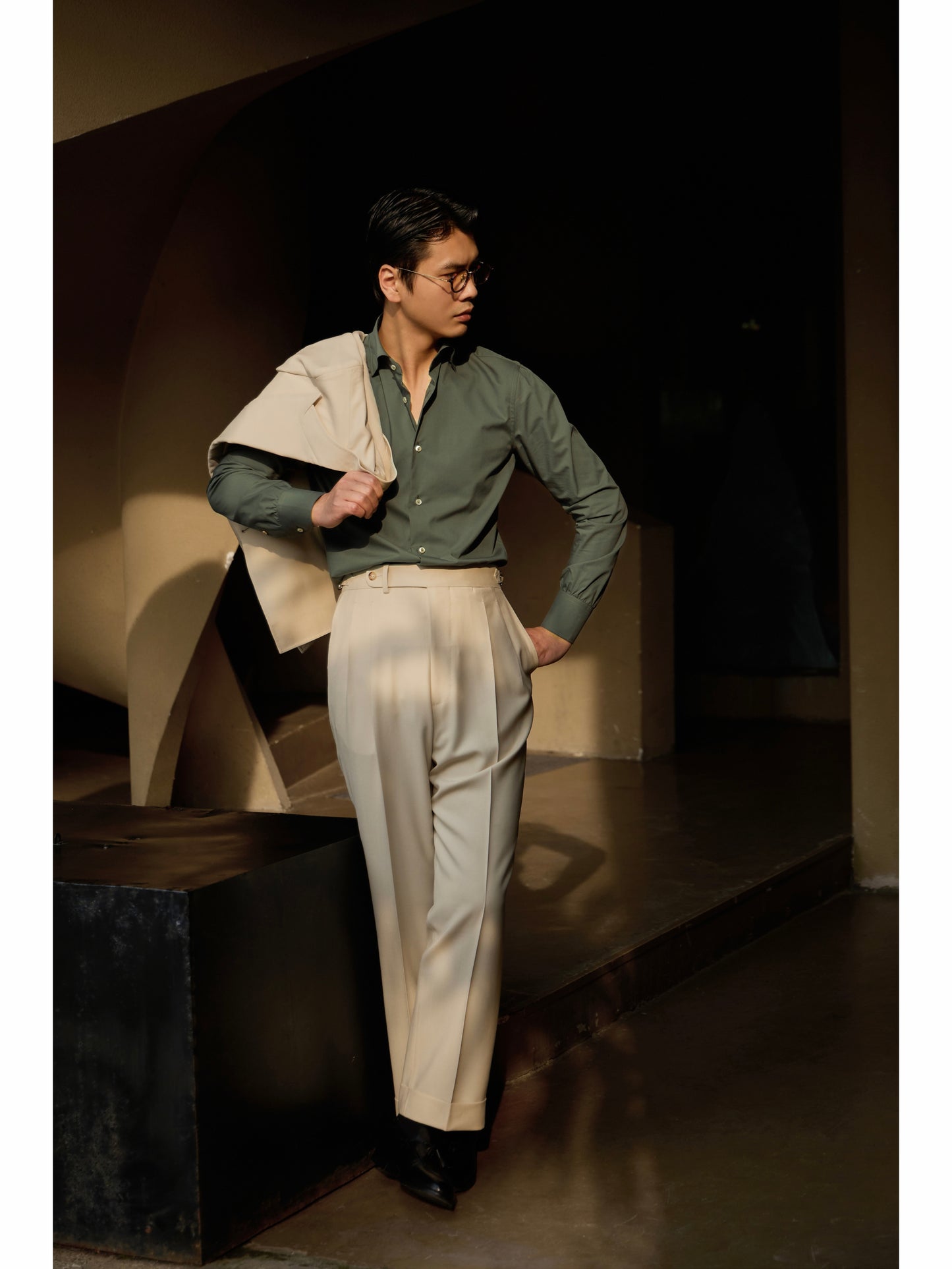 「Pine Rock Green」Italian-style Hidden-Button Spread Collar Pure-Cotton Gentleman's Long-Sleeve Shirt