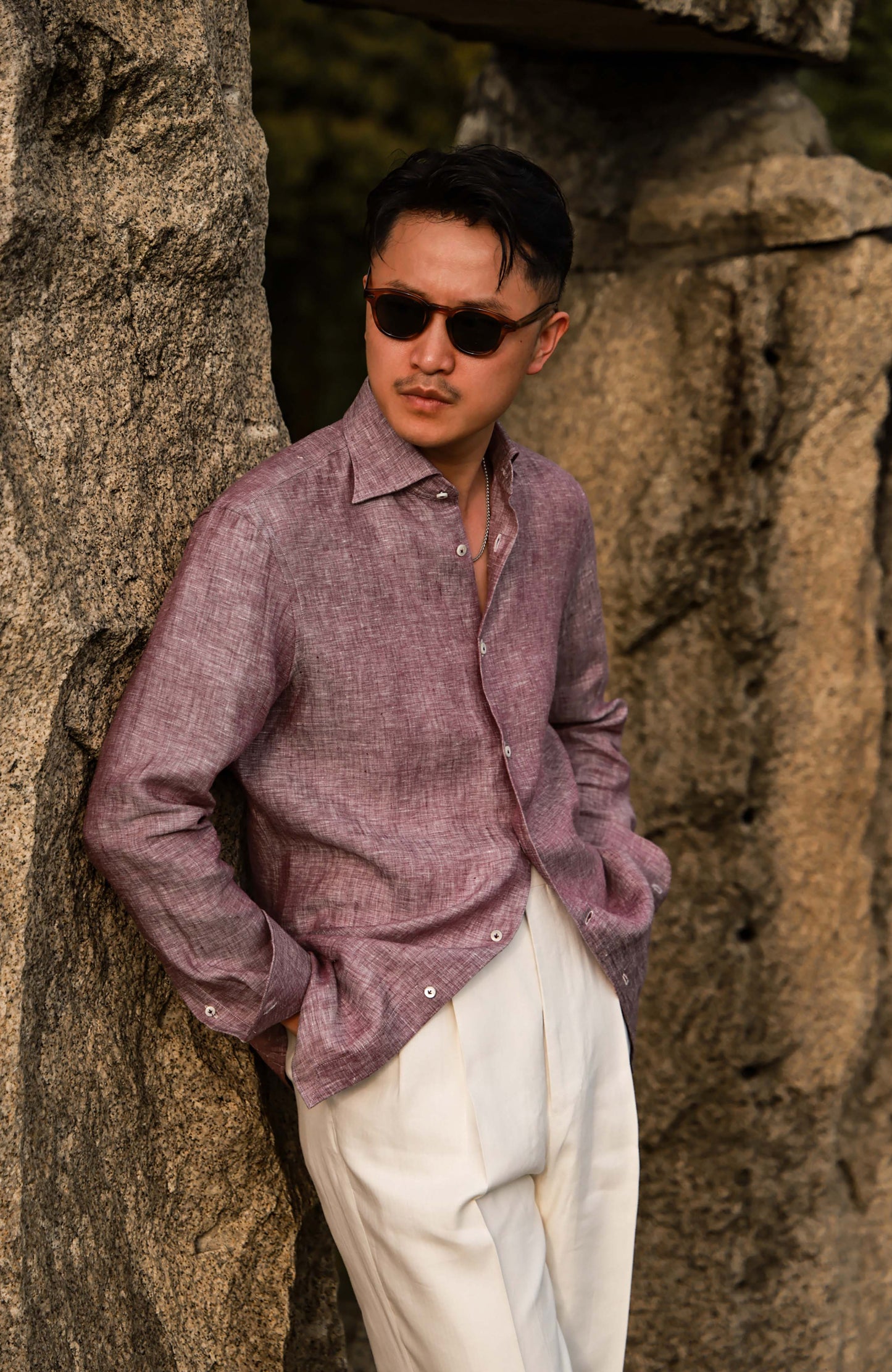 Linen Wide-Spread Collar Shirt — Violet Dusk