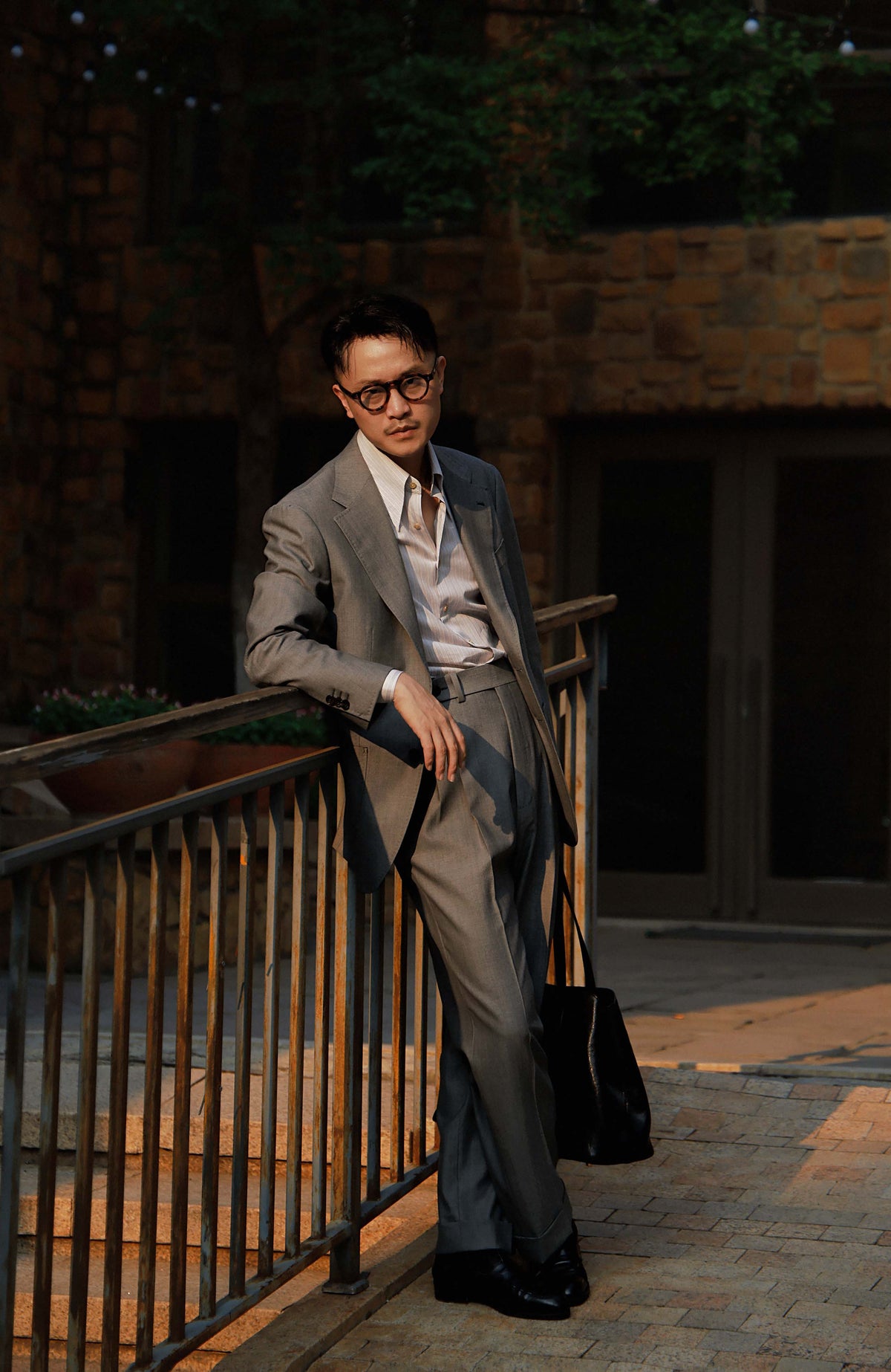 140s Merino Wool Half-Canvas Single-Breasted Suit Jacket — Stone Grey Herringbone