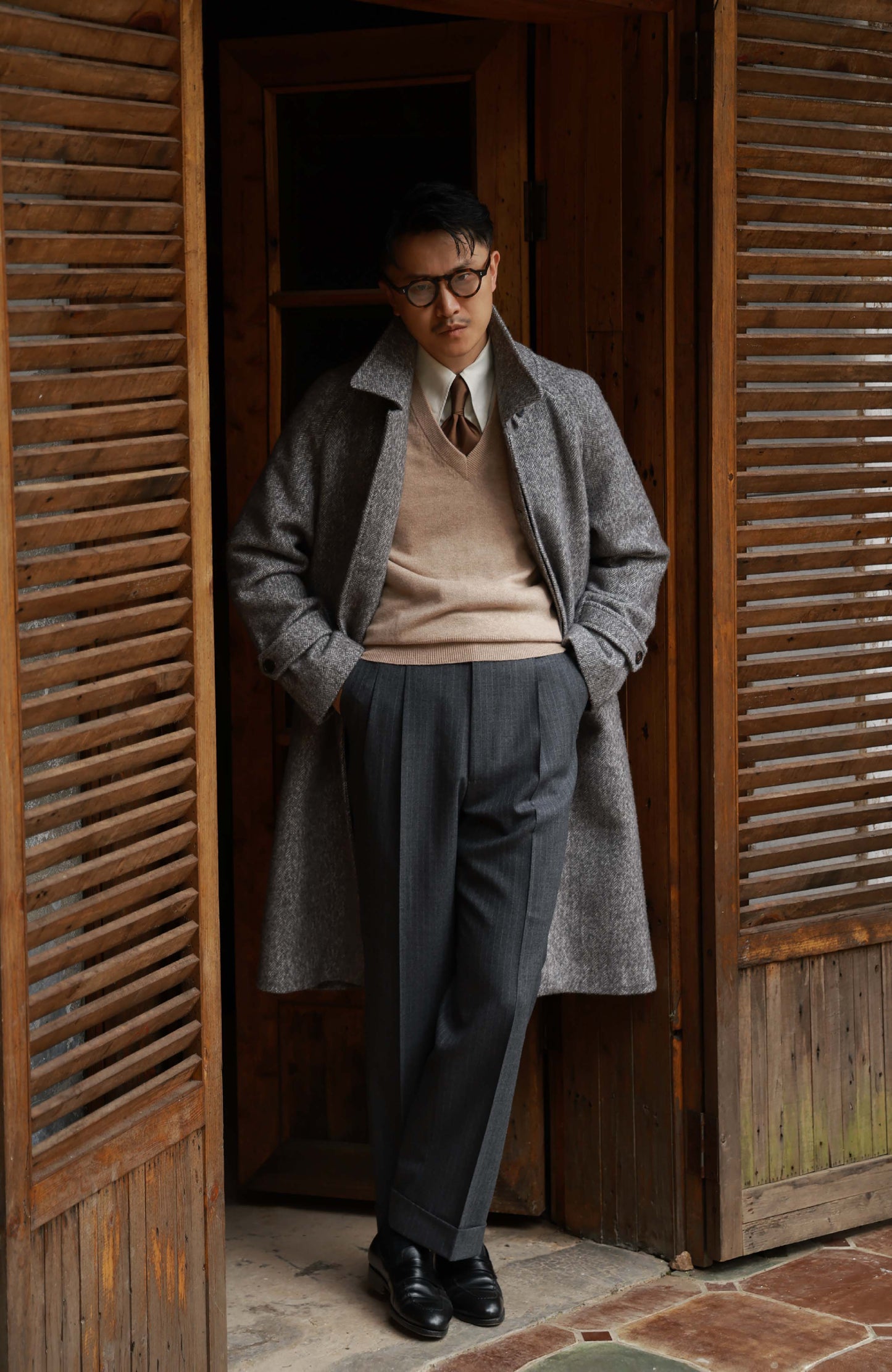 High-Waisted Flannel Suit Trousers with Parisian Side Adjusters — Lunar Gary Pin Stripe