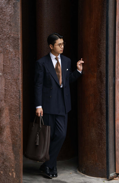 Half-Canvas Double-Breasted Flannel Suit Jacket — Navy Chalk Stripe