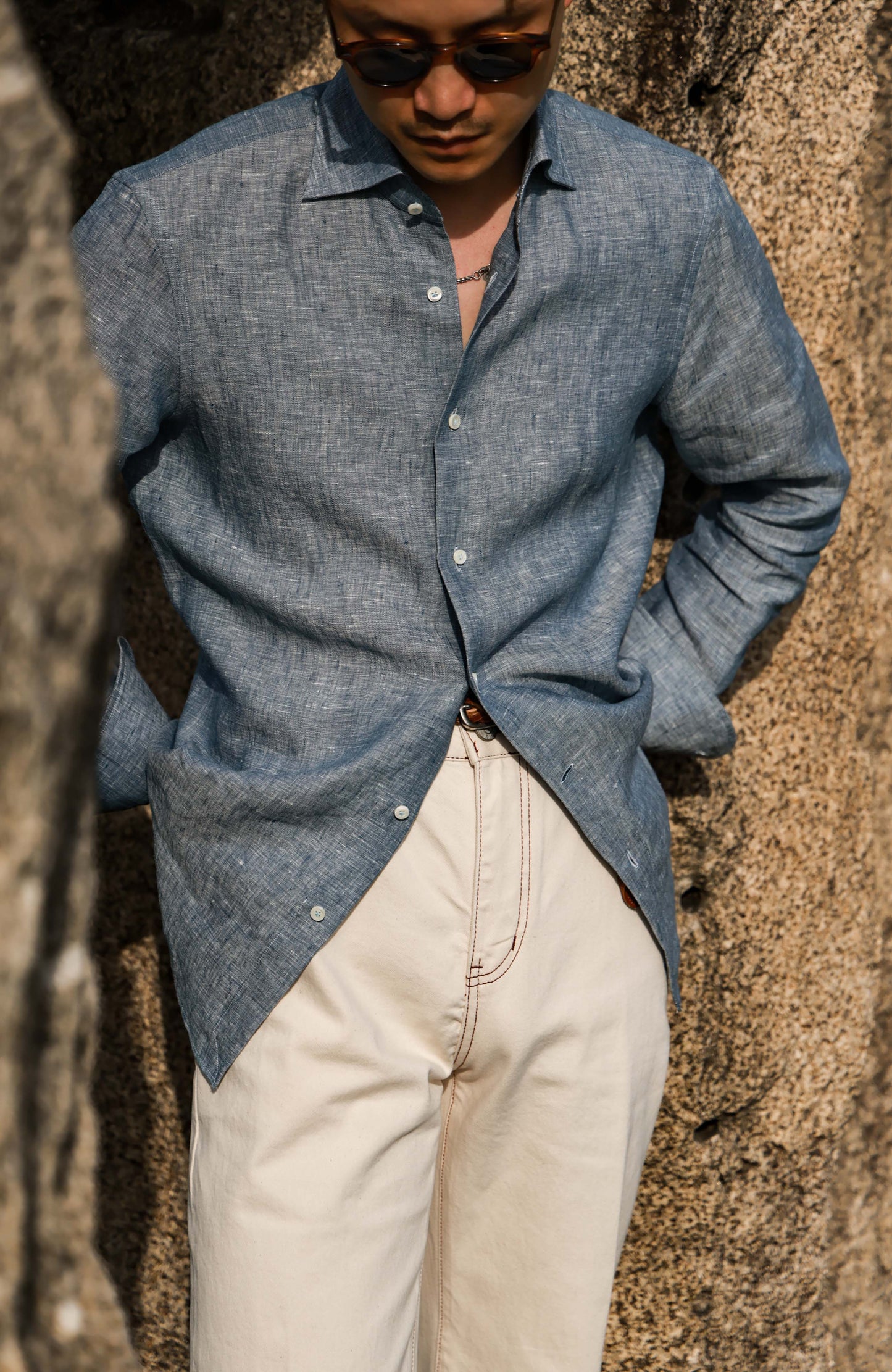 Linen Wide-Spread Collar Shirt — Mist Blue