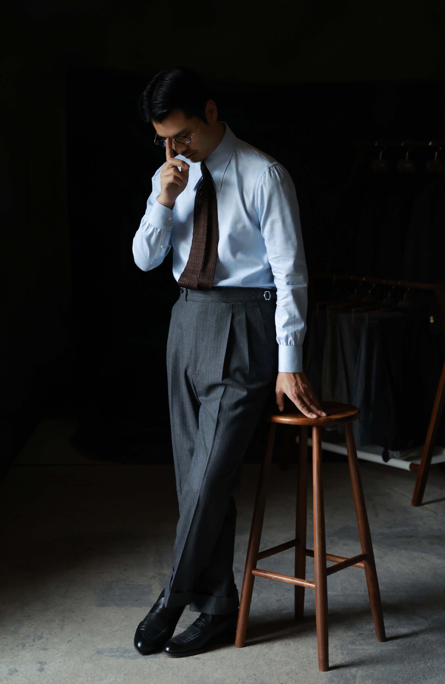 Cotton Wide-Spread Collar Shirt — Mottled Light Blue