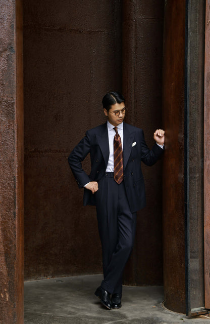 Half-Canvas Double-Breasted Suit Jacket — Navy Herringbone