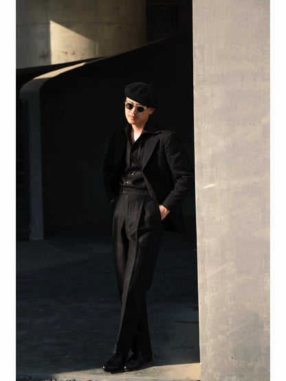 「Midnight Eclipse」Italian-style Vintage Pure linen One-piece Gentleman's Long-Sleeve Shirt