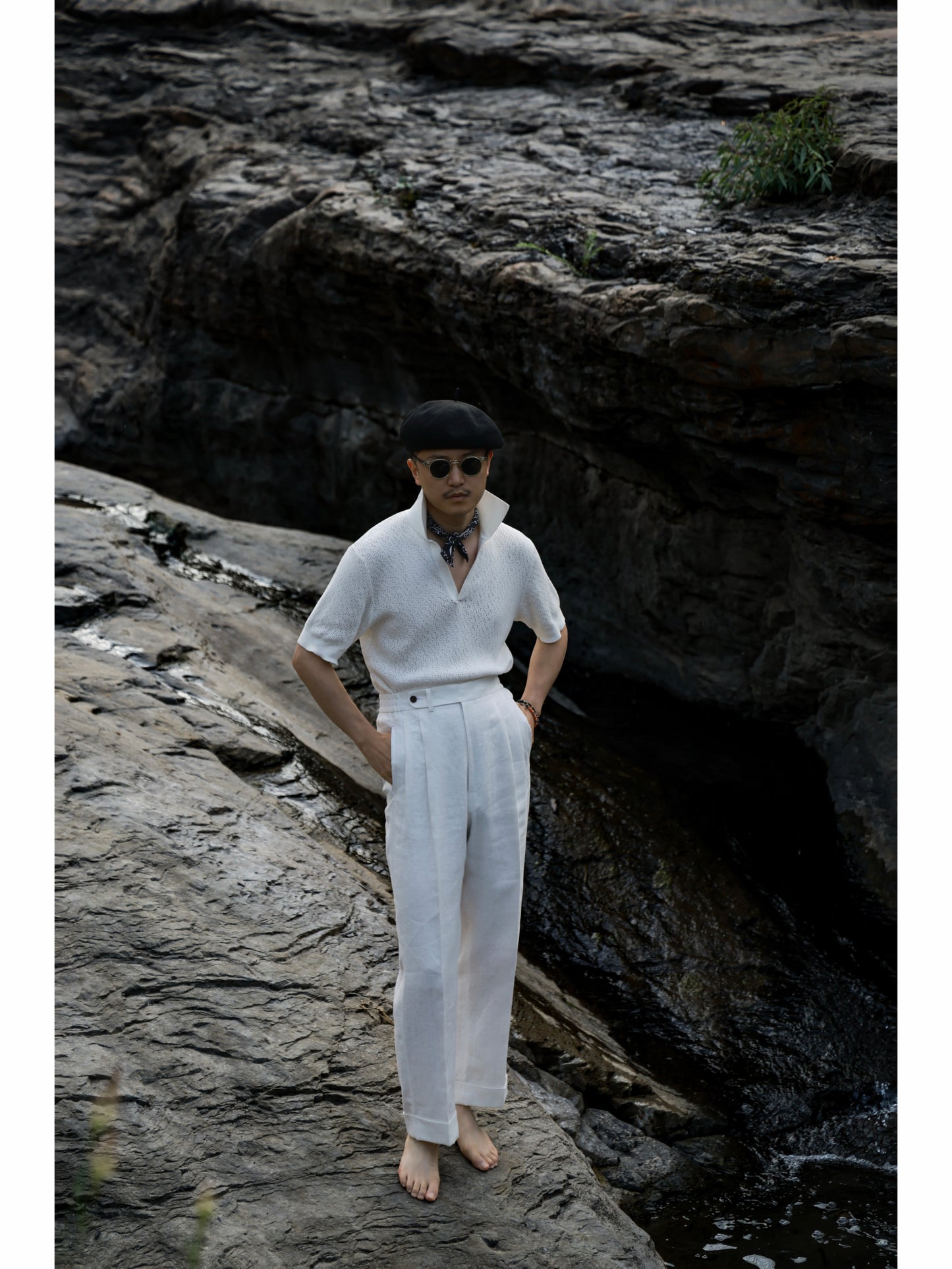 Crochet Open Collar Cotton Knitted Polo Off White