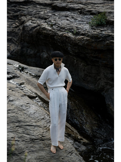 Crochet Open Collar Cotton Knitted Polo Off White