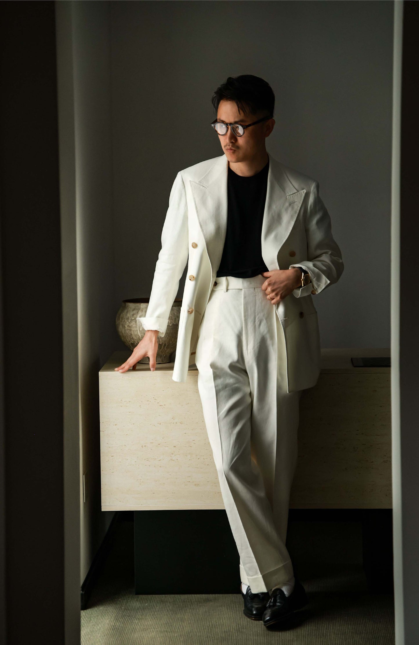 Tussah Silk-Linen Blend Textured Twill Half-Canvas Double-Breasted Suit Jacket — Wheat White