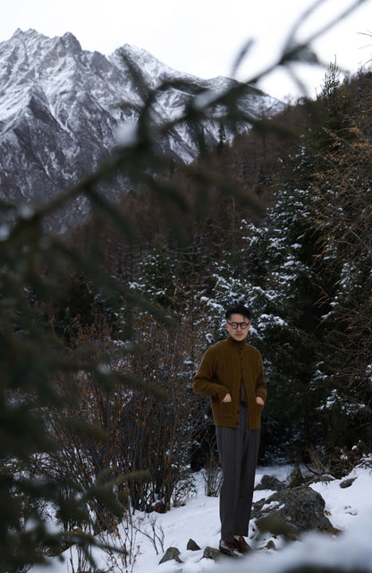 Aran-Cable Wool Cardigan High-Neck Sweater — Walnut Brown