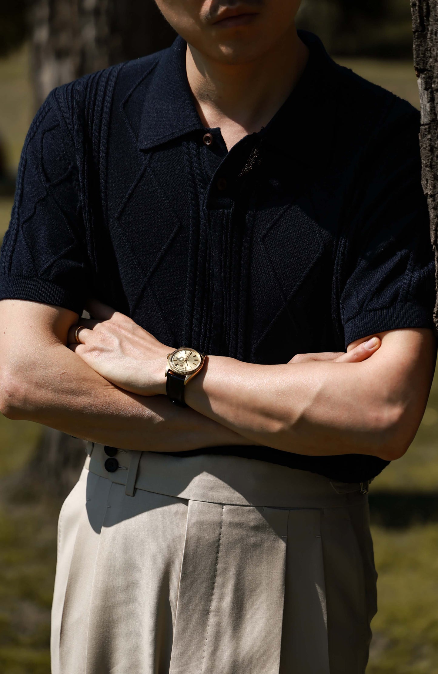 Linen Vintage Braided Unisex Knit Polo — Midnight Weave