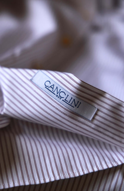 CANCLINI Cotton Handcrafted Long Point Collar Shirt — Terracotta Brown Stripe