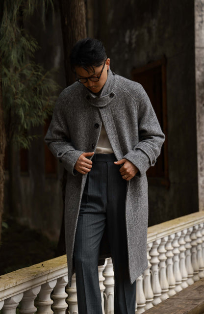 Textured Herringbone Balmacaan Overcoat — Stone Trace Grey