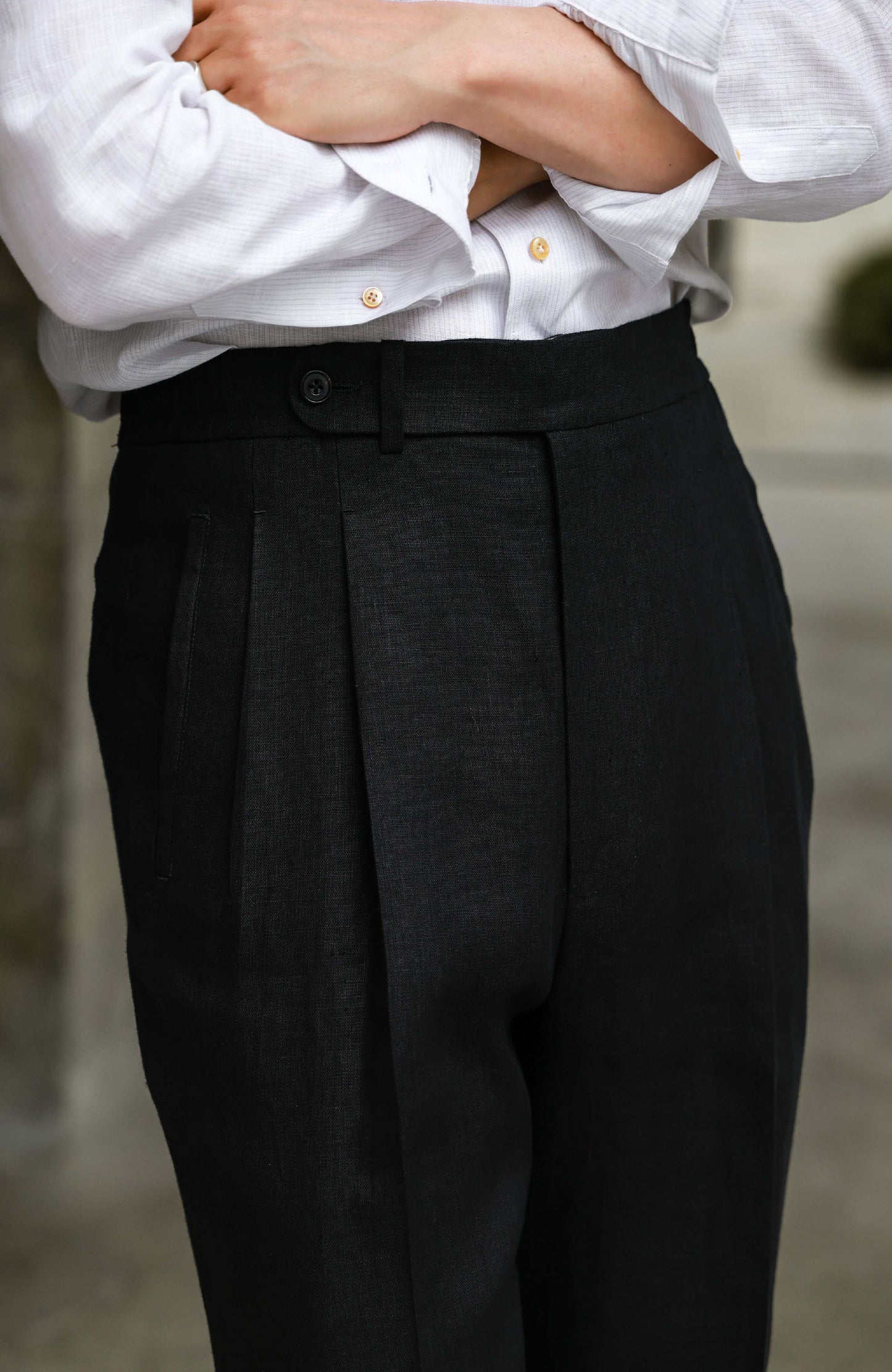 Hemp Hidden-Drawstring Trousers — Shadowed Basalt Black