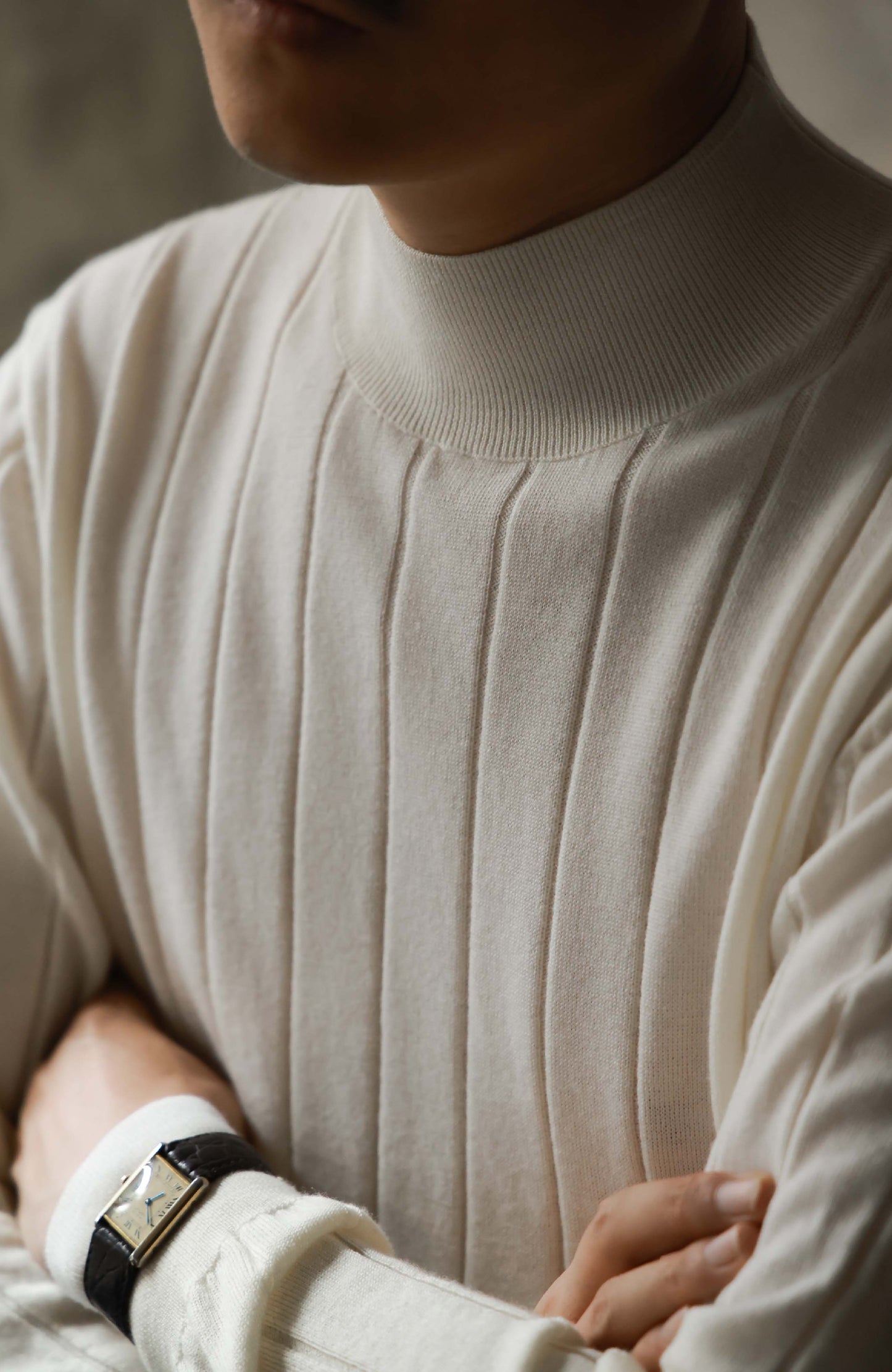 100% Merino Wool Ribbed Mock Neck Sweater — Frosted White