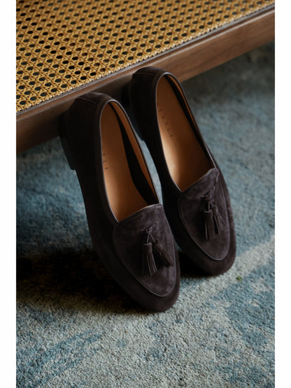 「Cocoa Truffle」Belgian Suede Loafers with Calfskin Sole Blake Stitched & Italian Lambswool Lined