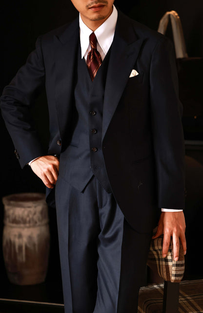 Wool-Silk Herringbone Half-Canvas Single-Breasted Suit Jacket — Abyss Blue