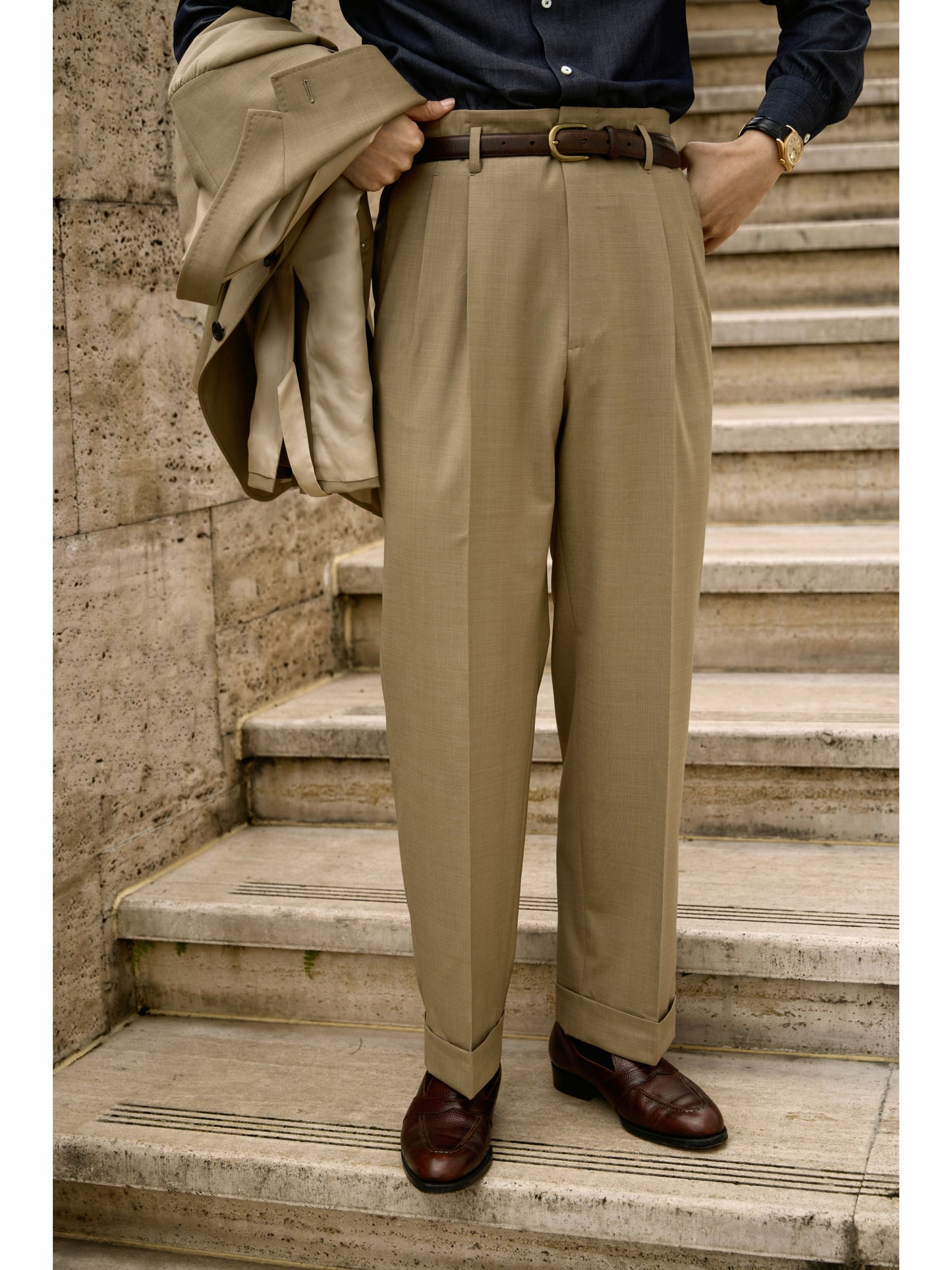 「Sand Trace」Suit Trousers with Merino Wool Hollywood-Waist and High-Waisted Double-Pleated
