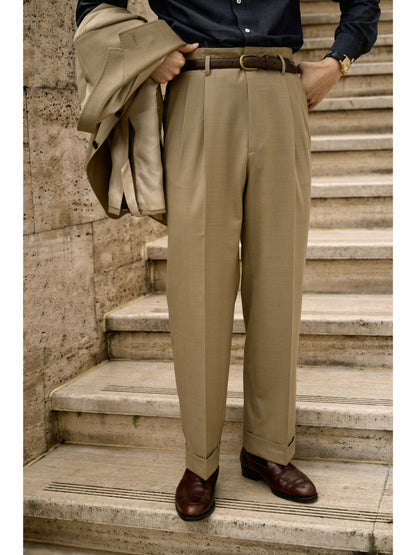 「Sand Trace」Suit Trousers with Merino Wool Hollywood-Waist and High-Waisted Double-Pleated