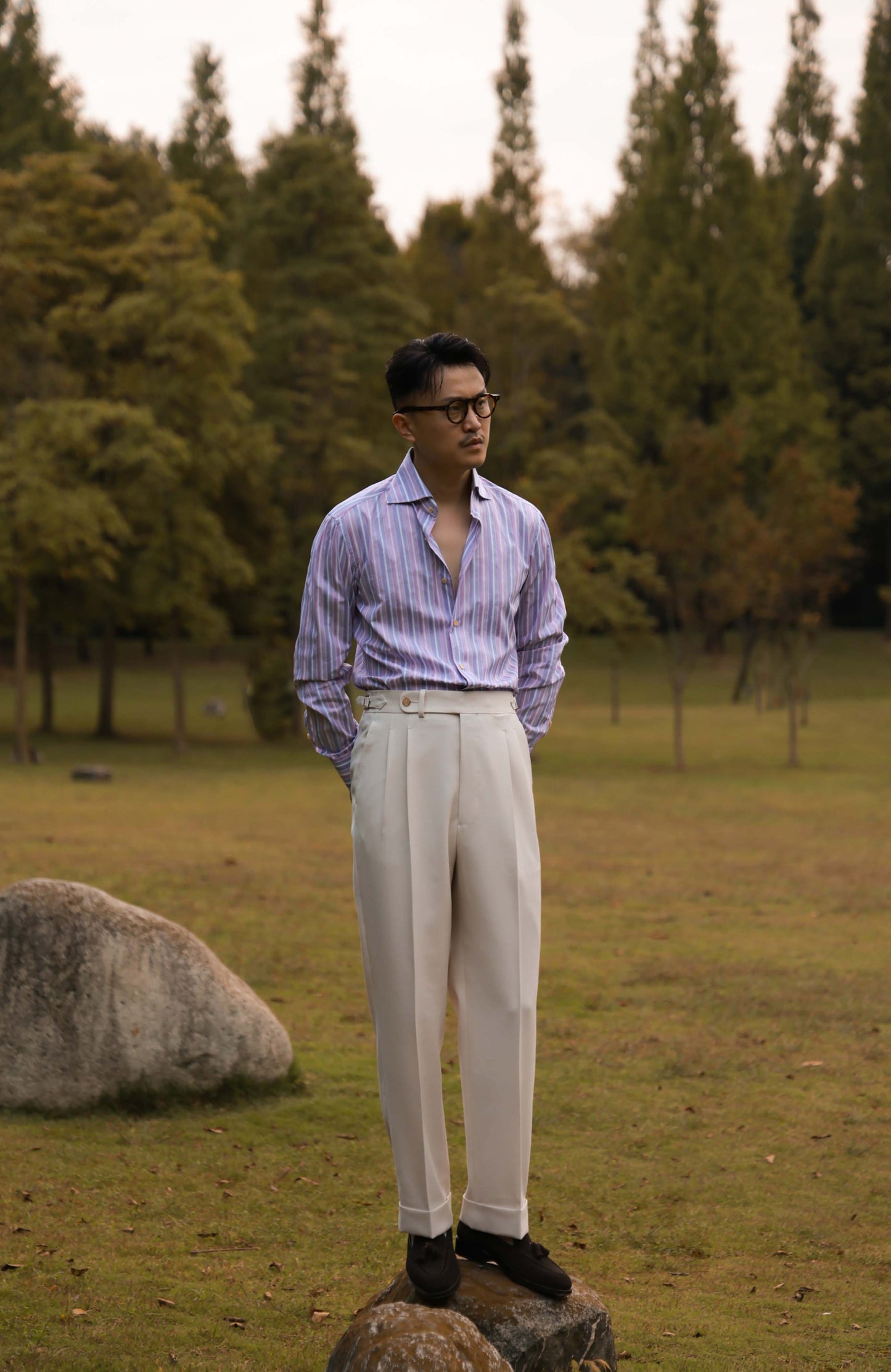 SÖKTAS Handcrafted Cutaway Collar Shirt — Provence lavender Stripe