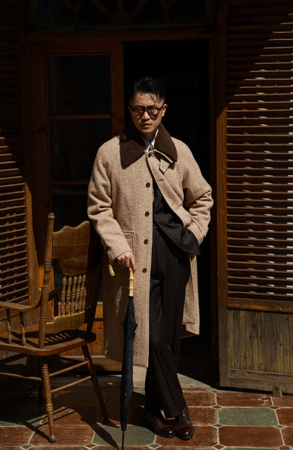 Textured Old-Money Balmacaan Overcoat — Desert Herringbone