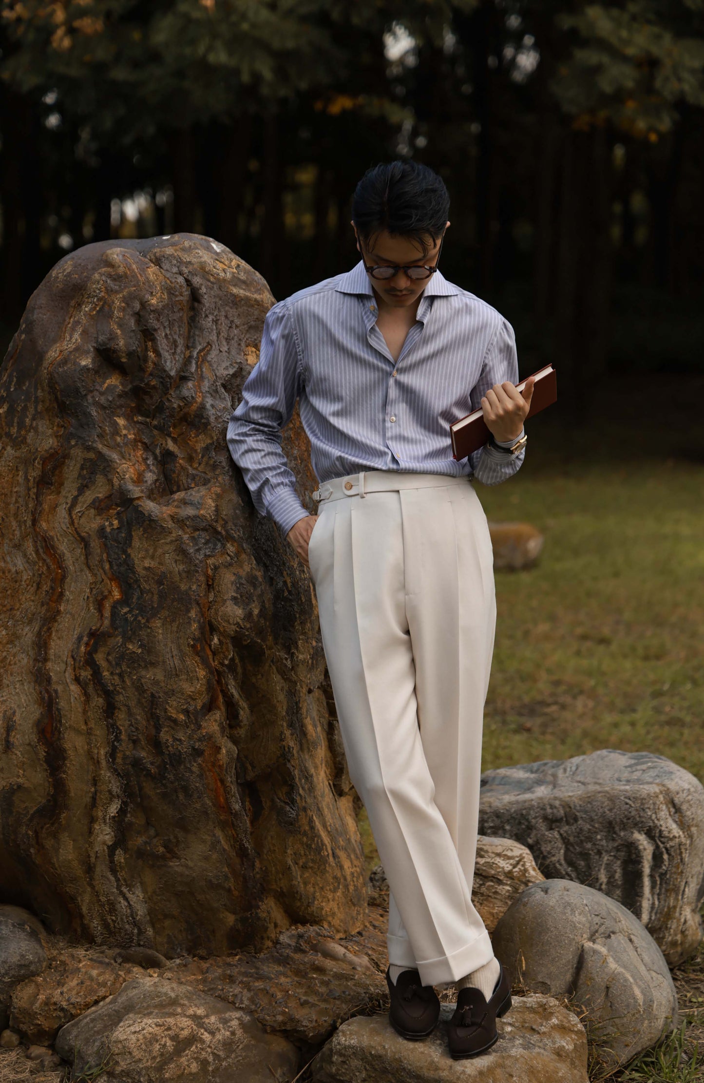 SÖKTAS Handcrafted Cutaway Collar Shirt — Rocky Mountain Grey Stripe