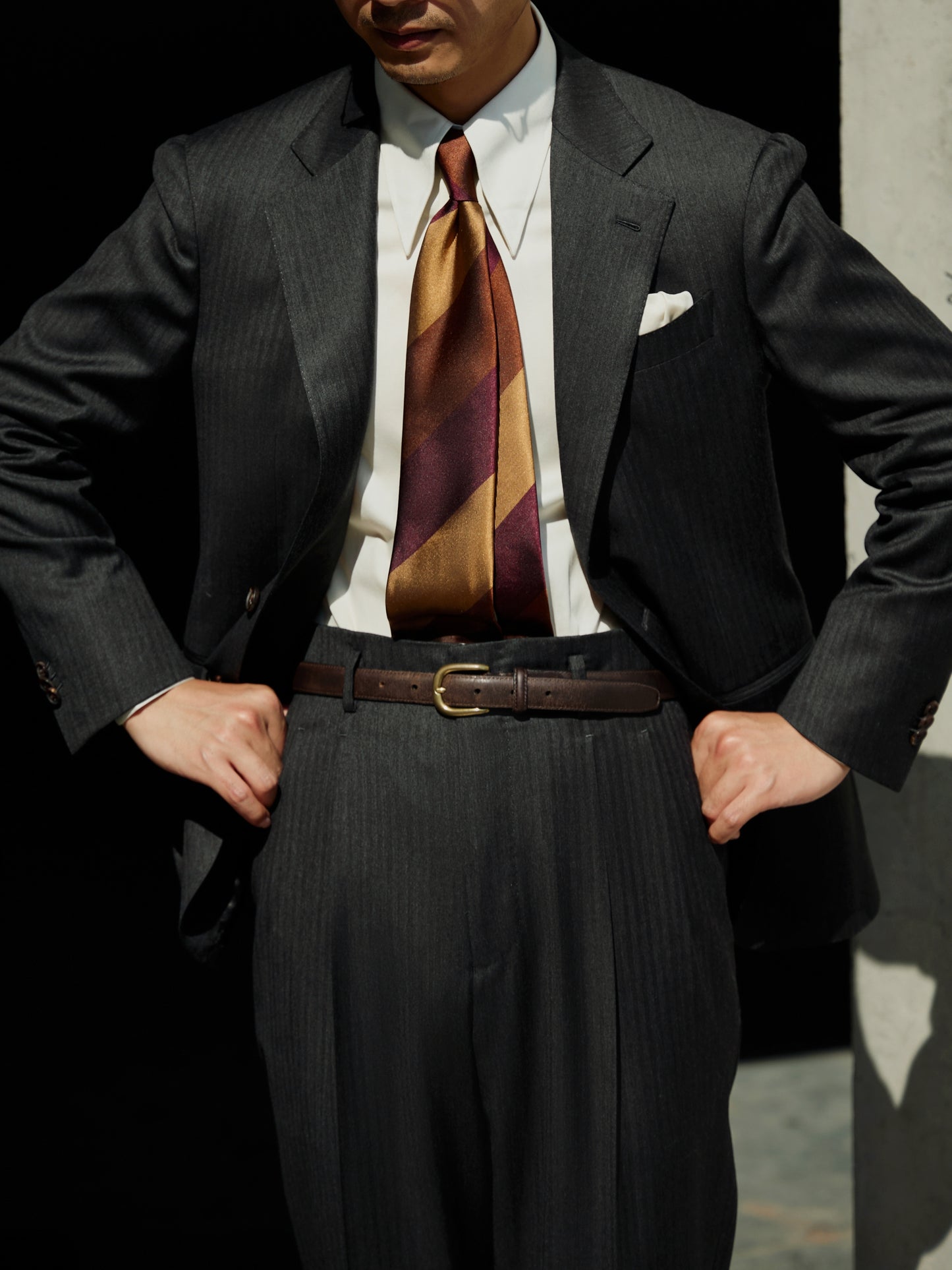 「Ink Herringbone」Suit Trousers with Italian-style Pure-wool Hollywood-Waist