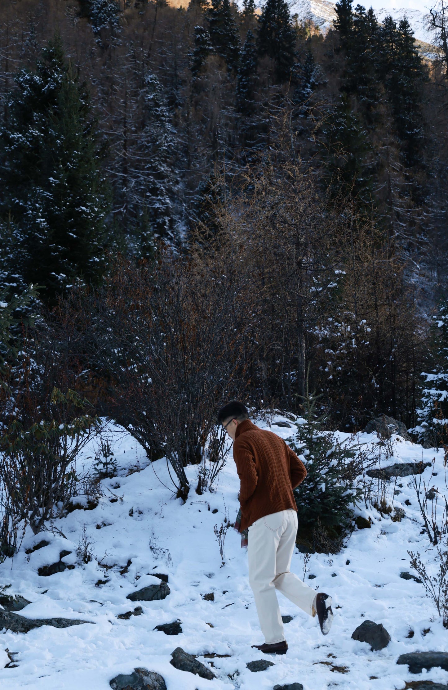 Aran-Cable Wool Cardigan High-Neck Sweater — Maple Red