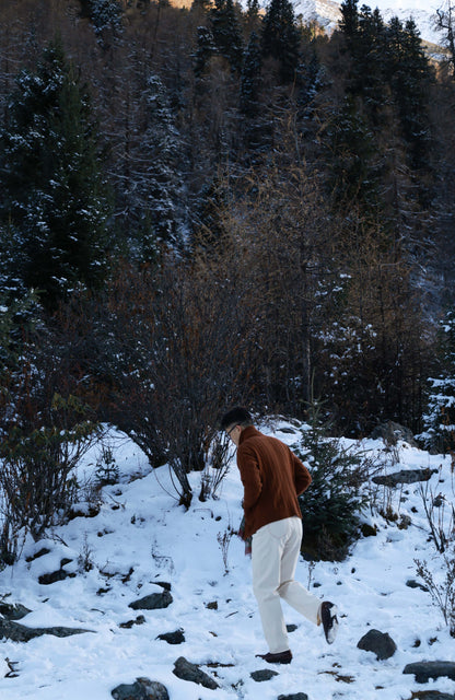Aran-Cable Wool Cardigan High-Neck Sweater — Maple Red