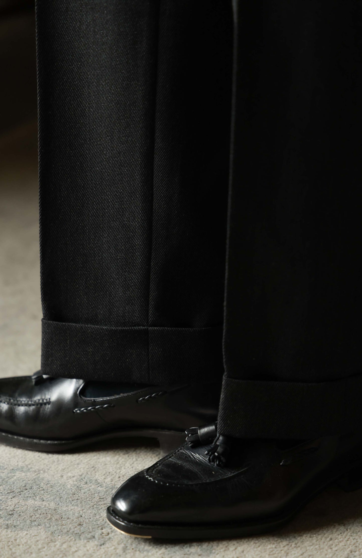 Heavyweight Cavalry Twill Wool High-Waisted Suit Trousers with Parisian Side Adjusters — Graphite Grey