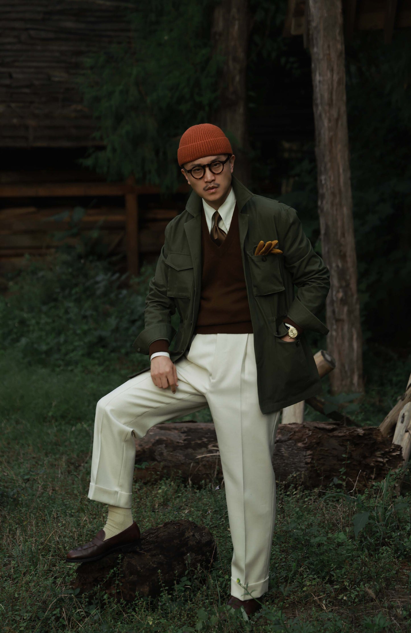 Heavy-Washed Cotton Herringbone Field Jacket — Forest Moss Green