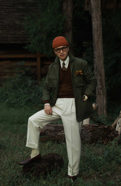 Heavy-Washed Cotton Herringbone Field Jacket — Forest Moss Green