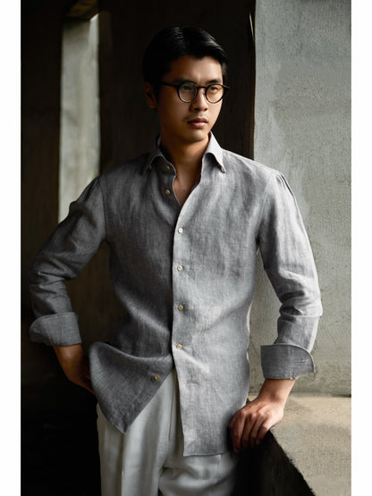 Spread Collar Linen Shirt — Grey