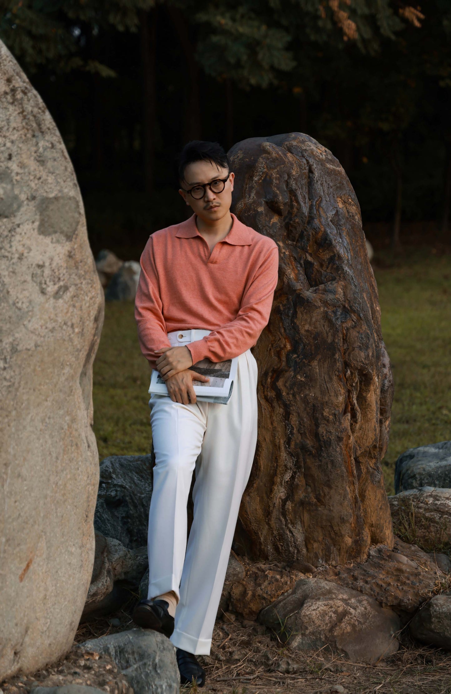 Cashmere Cotton One-Piece Polo Sweater — Coral Pink