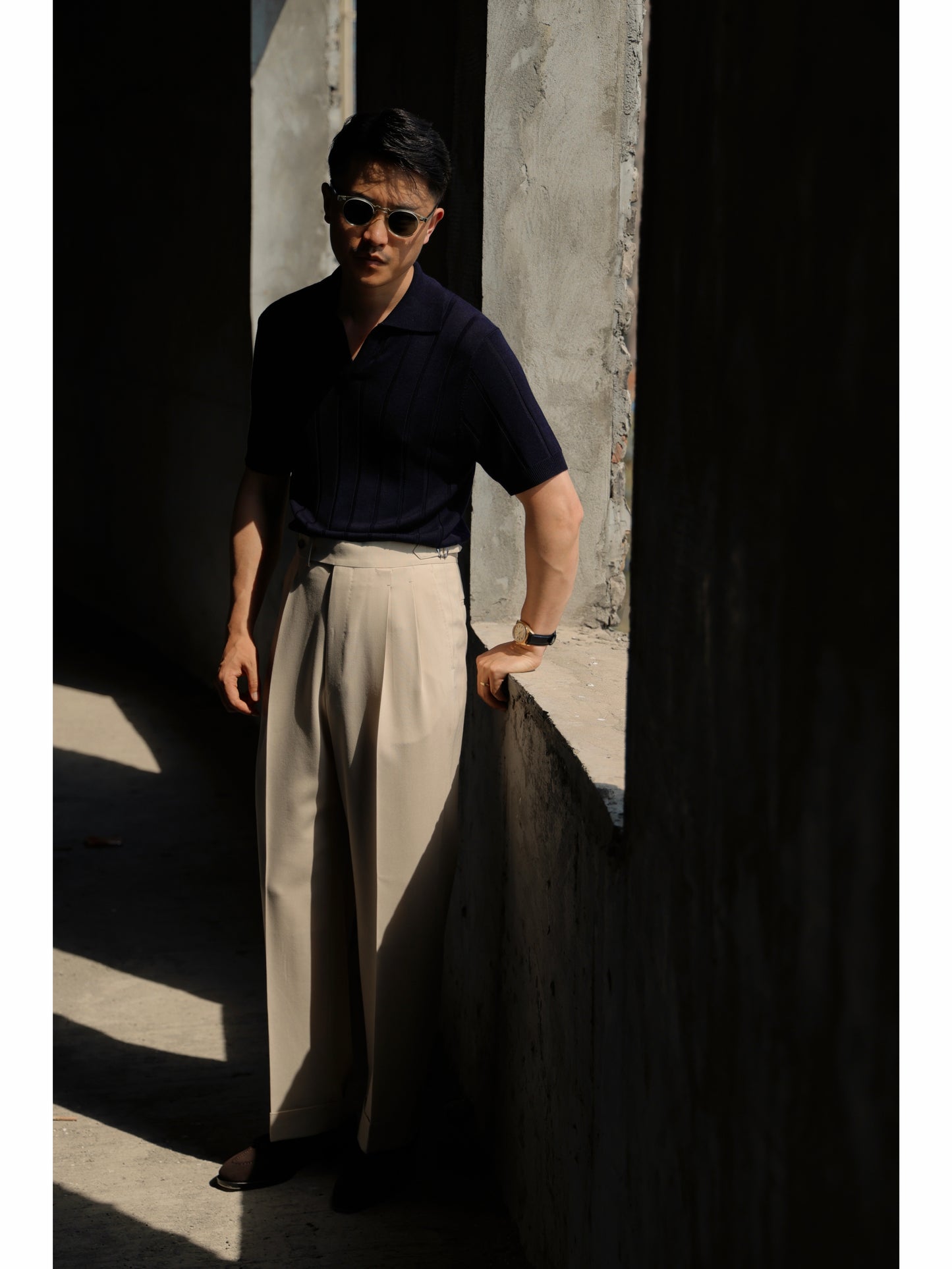 「Notturno Blue」Mulberry silk-cashmere blend Unisex Knit Short-Sleeve Polo Shirt