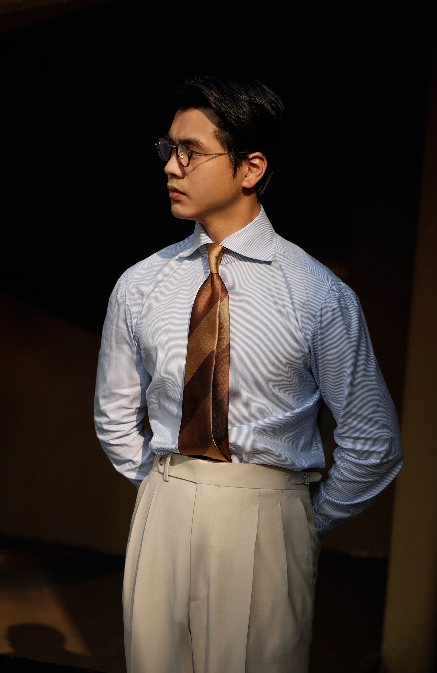 Handcrafted Spread Collar Shirt in Mulberry Silk — Moonlit Blue Stripe