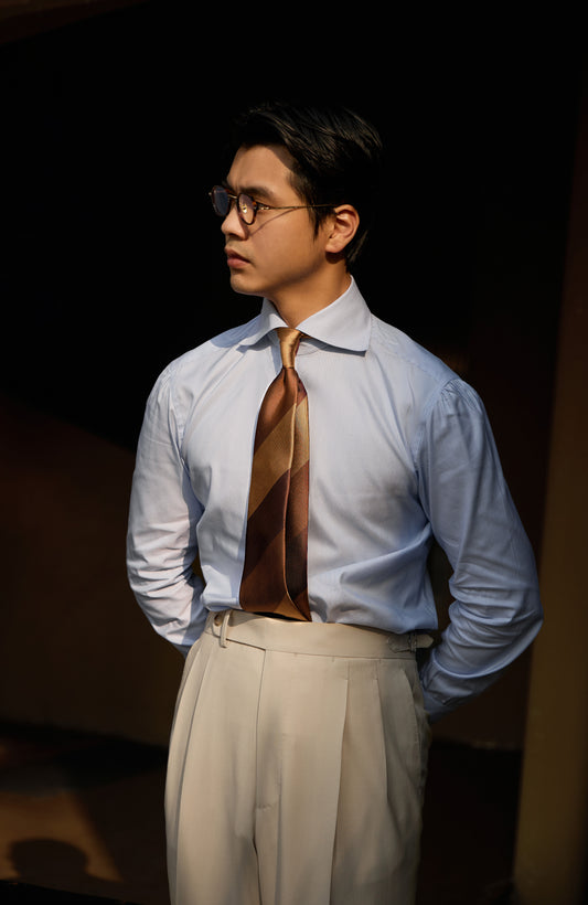 Handcrafted Spread Collar Shirt in Mulberry Silk — Moonlit Blue Stripe