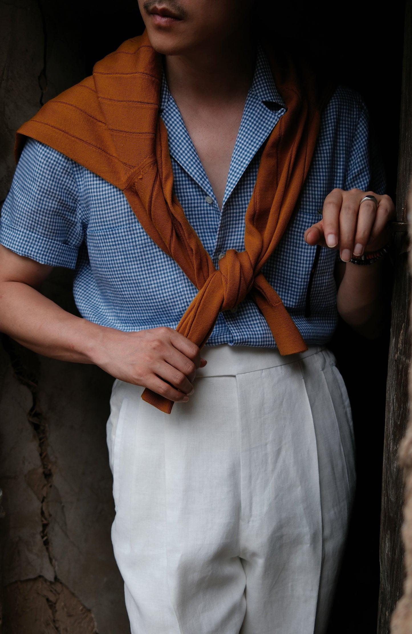 Cuban Collar Short Sleeve Linen Shirt — Blue Gun Club Check