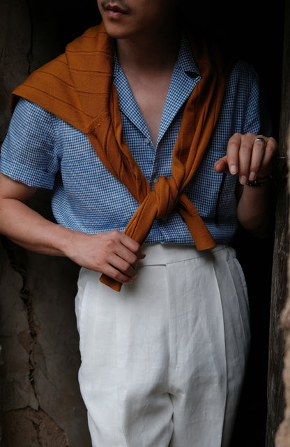 Cuban Collar Short Sleeve Linen Shirt — Blue Gun Club Check