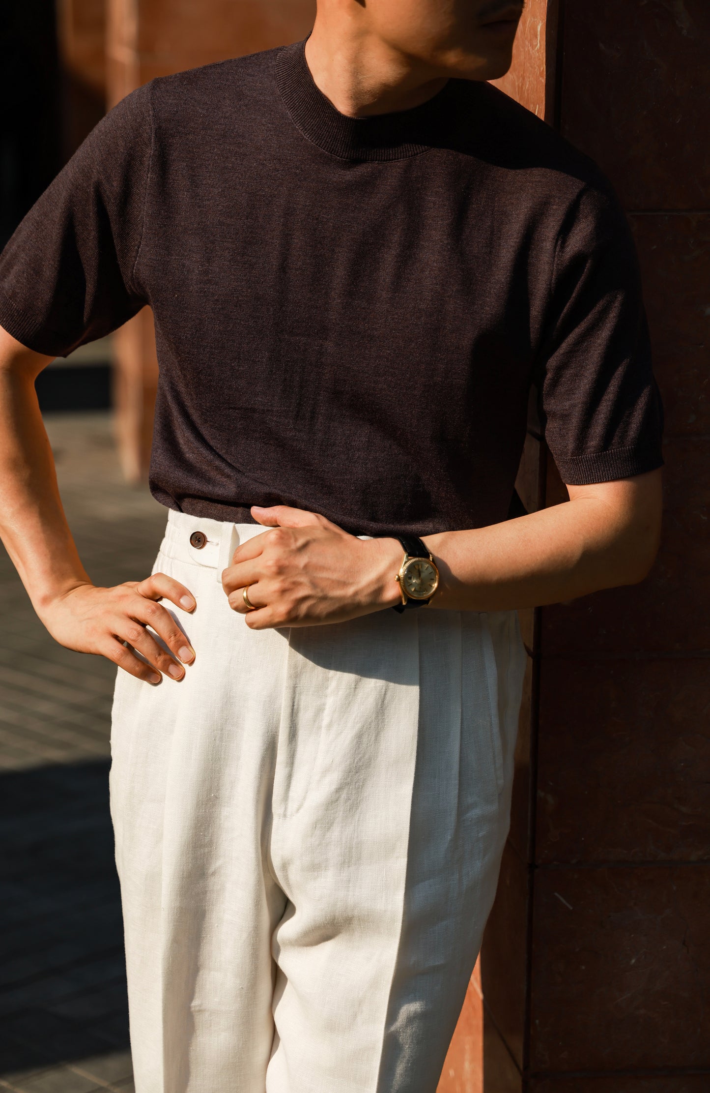 「Berry Espresso」Lambswool Blend for Cloud-Touch Mock Neck Short-Sleeve T-Shirt