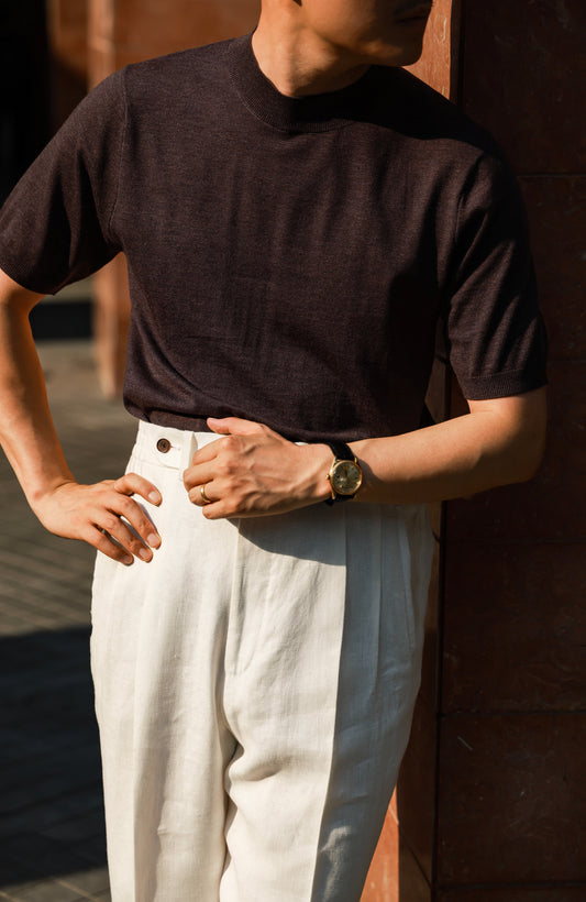 「Berry Espresso」Lambswool Blend for Cloud-Touch Mock Neck Short-Sleeve T-Shirt