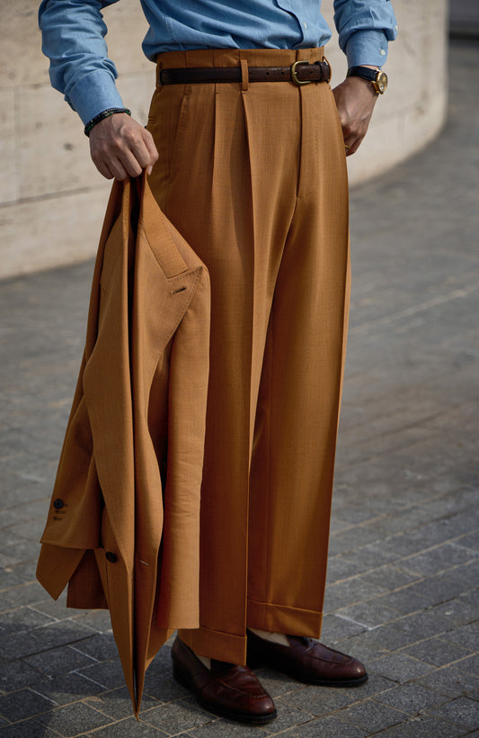 「Tuscan Dusk」Vintage Suit Trousers with Merino Wool Hollywood-Waist and High-Waisted Double-Pleated