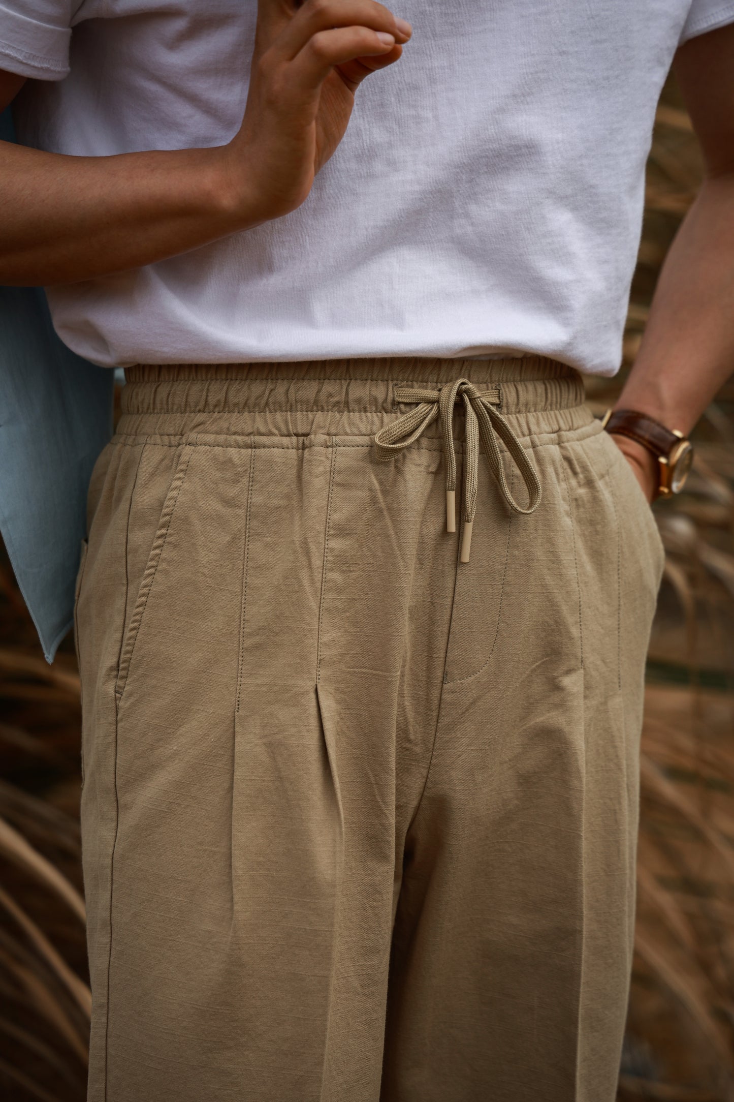 "Straw Color" Cotton and Linen Drawstring Casual Pants 