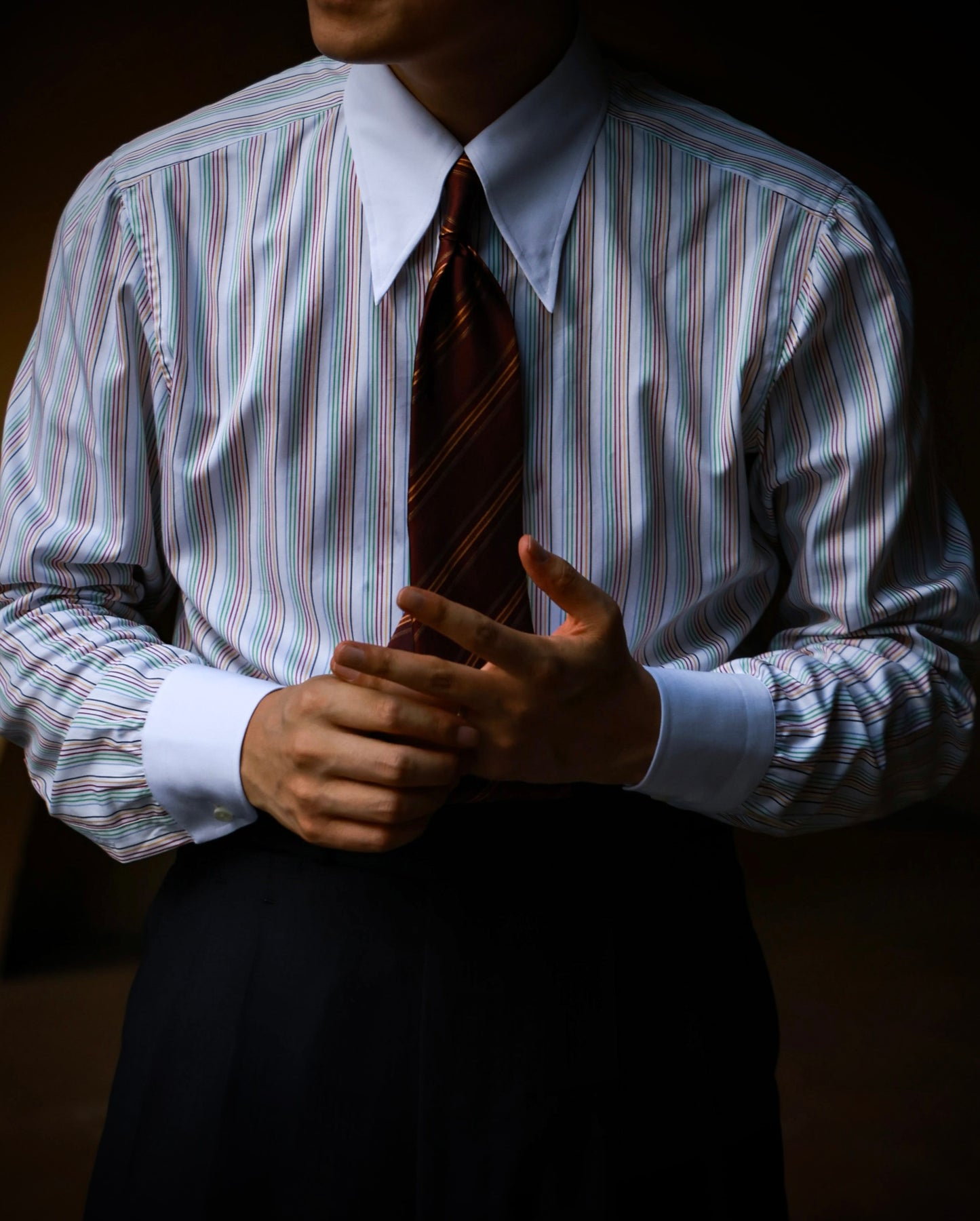 Handcrafted Long Point Collar Shirt with Contrast Collar & Cuffs — Capri Stripes