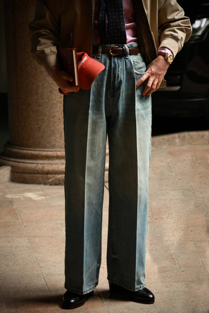 "Nostalgic Heavy Wash Denim" High Waist Wide Leg Jeans 