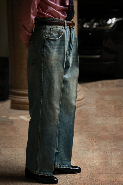 "Nostalgic Heavy Wash Denim" High Waist Wide Leg Jeans 