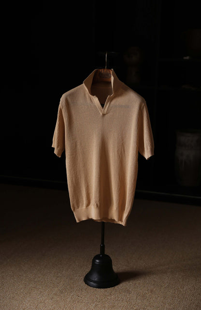 High-Twist Cotton Relaxed Short-Sleeve Polo — Sandstone Apricot