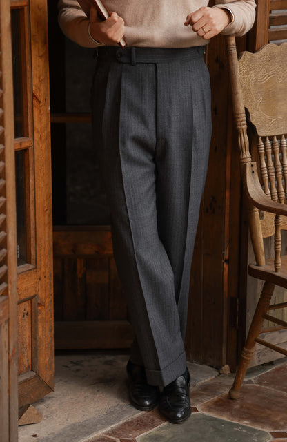 High-Waisted Flannel Suit Trousers with Parisian Side Adjusters — Lunar Gary Pin Stripe