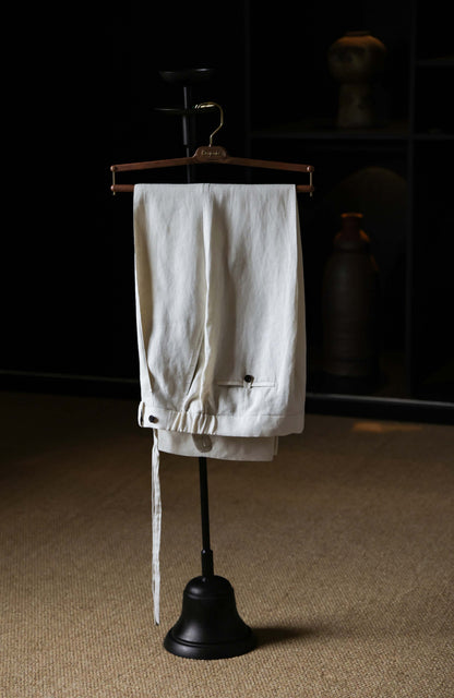 Heavyweight Linen Permanent-Crease Hidden-Drawstring Trousers — Sand Mist White